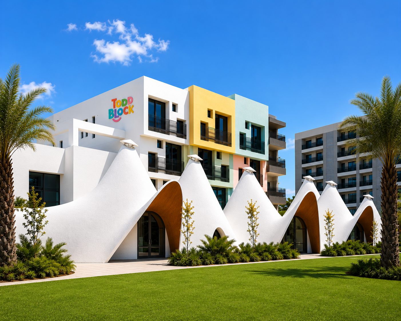 The Toddler's Block and Woodford campus with white shell-roofed pavilions