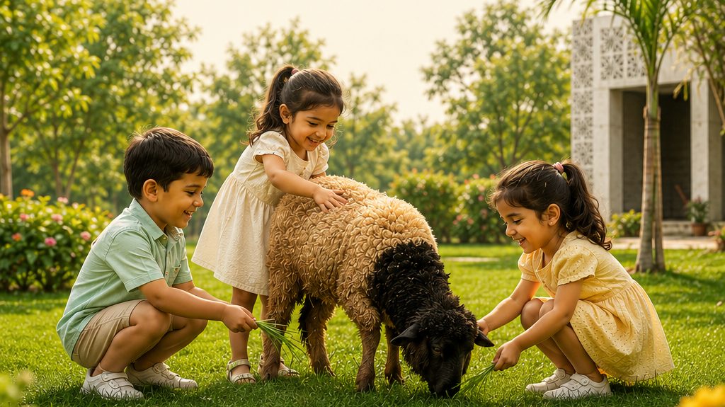 Three young children feeding a lamb on the campus lawn
