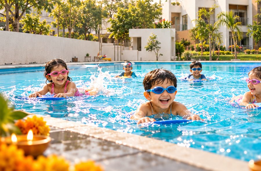 Young children swimming in the campus pool